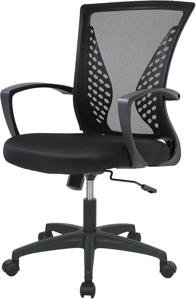 Home Office Chair Mid Back PC Swivel Lumbar Support Adjustable Desk Task Computer Ergonomic Comfortable Mesh Chair with Armrest (Dark Black)