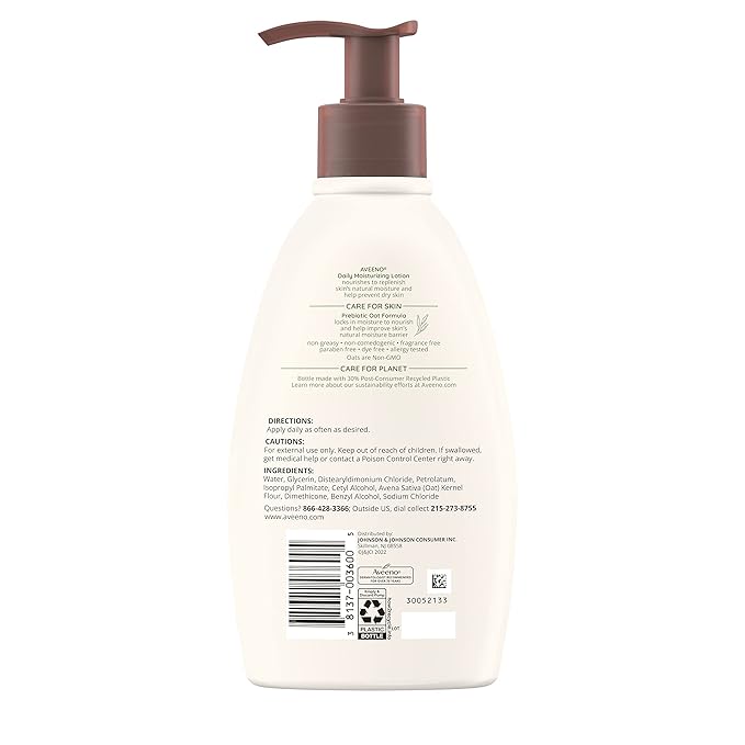 Aveeno Daily Moisturizing Body Lotion with Soothing Prebiotic Oat, Gentle Lotion Nourishes Dry Skin With Moisture, Paraben-, Dye- & Fragrance-Free, Non-Greasy & Non-Comedogenic, 12 fl. Oz (Pack of 2)