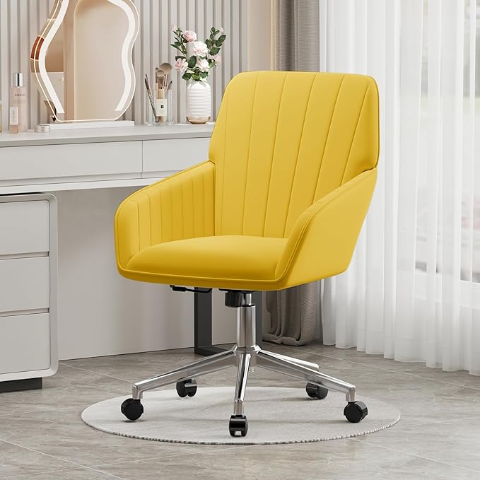 YISHENG Velvet Office Desk Chair with Silver Base, with Wheels,Modern Height Adjustable 360 Degree Swivel Upholstered Vanity Chairs with Arms for Living Room Bedroom,Yellow