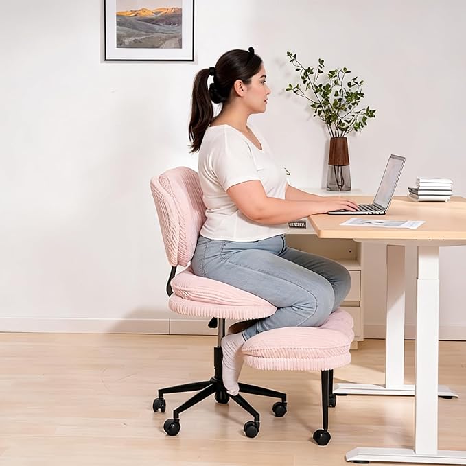 Extra-Wide & Tall Cross-Legged Office Chair – Deeply-Padded Cloud Seat, Ergonomic Back Support, Adjustable Height for ADHD & Meditation,Pink