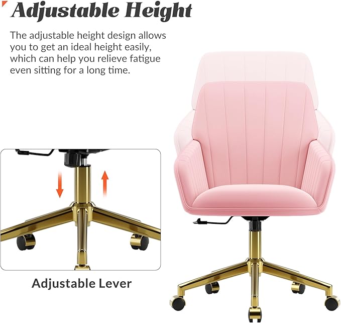 YITAI Velvet Office Desk Armchairs with Gold Base and Wheels,Modern Height Adjustable 360 Degree Swivel Upholstered Vanity Chairs for Living/Room Bedroom/Study,Pink