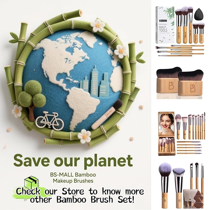 BS-MALL Makeup Brush Set 11Pcs Bamboo Synthetic Kabuki Brush Set Foundation Powder Blending Concealer Eye shadows Blush Cosmetics Brushes with Travel Organizer Bag & Makeup Sponge (Bamboo 11)