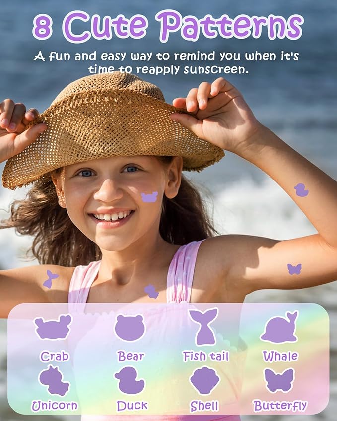 UV Detection Stickers for Sunscreen - 160 Count UV Detection Stickers, Know When to re-Apply Sunscreen, Sun Protection Reminder, 8 Cute Pattern Types