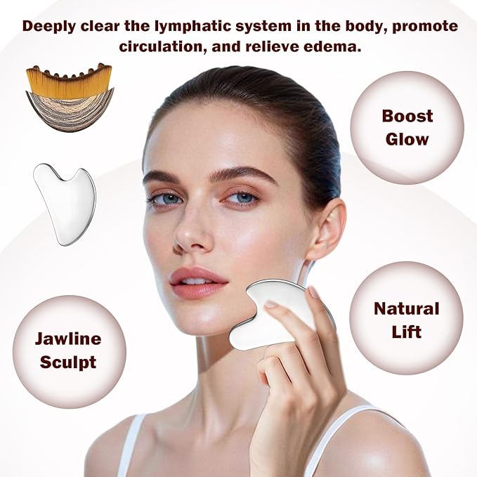 2 Pcs Lymphatic Contour Face Brush,Lymphatic With 1 Gua Sha Tool,Lymphatic Brush For Face For Drainage,Puffiness Reduction & Facial Massage–Ultra-Soft Bristles,Ergonomic Design
