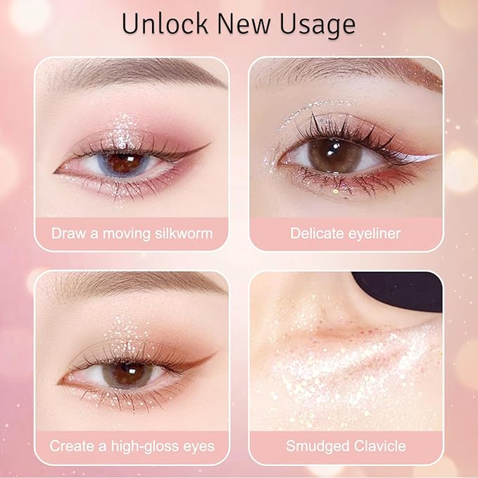 Erinde Liquid Glitter Eyeshadow Eyeliner, Korean Makeup Bling Under Eye Shadow, Shimmer Metallic, Lightweight Waterproof Long Wearing, Loose Glue for Sparkly Crystals Eye Makeup, Golden Pink Sequins