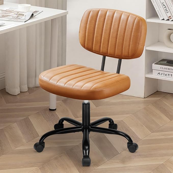 DUMOS Small Office Desk Chair - Armless PU Leather with Comfy Lumbar Support, Height Adjustable Rolling Swivel Task for No Arms, for Adult, Student, Bedroom, Home, Vanity, Brown