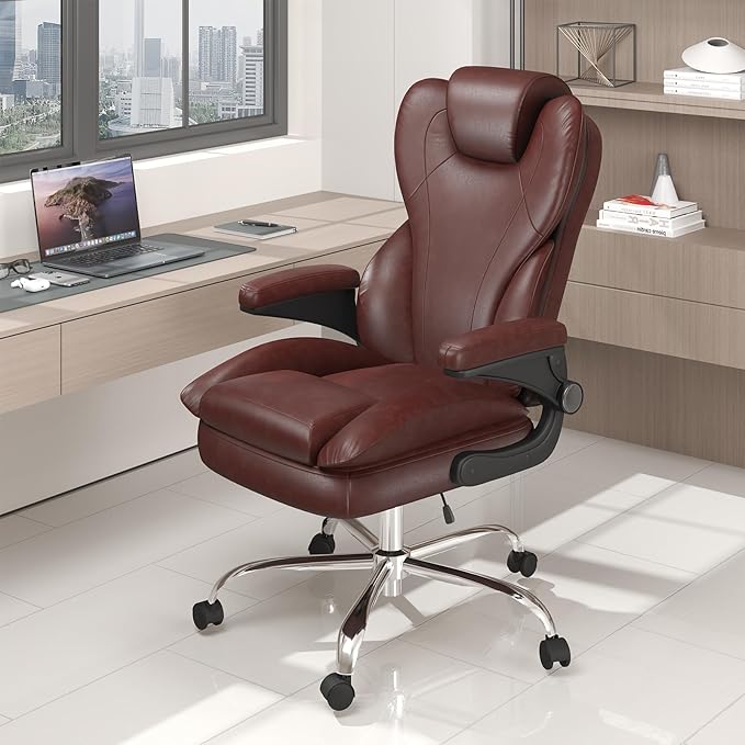 Office Desk Chair, Executive Leather Office Chair, High Back Ergonomic Home Desk Chair with Padded Flip-up Arms, Big and Tall Computer Chair with Rocking Function, 360°Swivel Free, Brown
