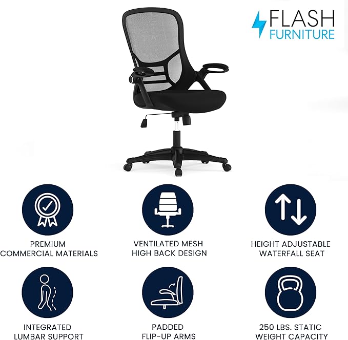 Flash Furniture Porter High Back Black Mesh Ergonomic Swivel Office Chair with Black Frame and Flip-up Arms