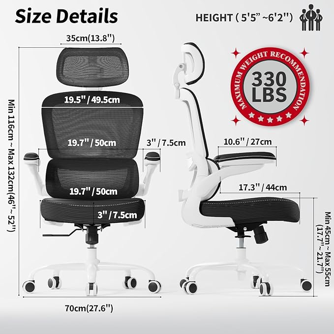 TRALT Ergonomic Office Chair - Desk Chair with Adjustable Headrest Lumbar Support Computer Chair - Mesh Comfy Chair with Flip-up Armrests - Gaming Chairs for Adults Home Office (Leather, Black White)
