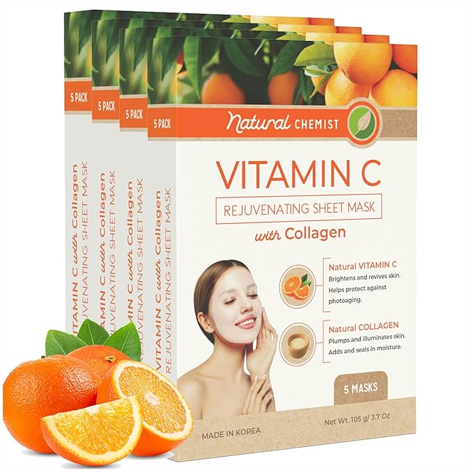 Vitamin C & Collagen Sheet Face Mask - Brightening, Anti-Aging, Skin Nourishing, Moisturizing, Dermatologist Tested, Cruelty Free Korean Skin Care For All Skin Types - 20 Masks