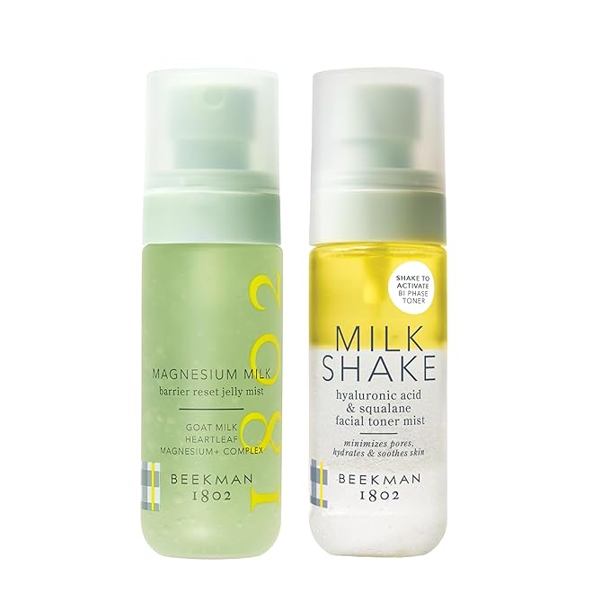 Beekman 1802 Reset & Tone Bundle - Magnesium Milk Barrier Reset Jelly Mist (2oz) and Milk Shake Face Mist Hyaluronic Acid Toner (2oz)