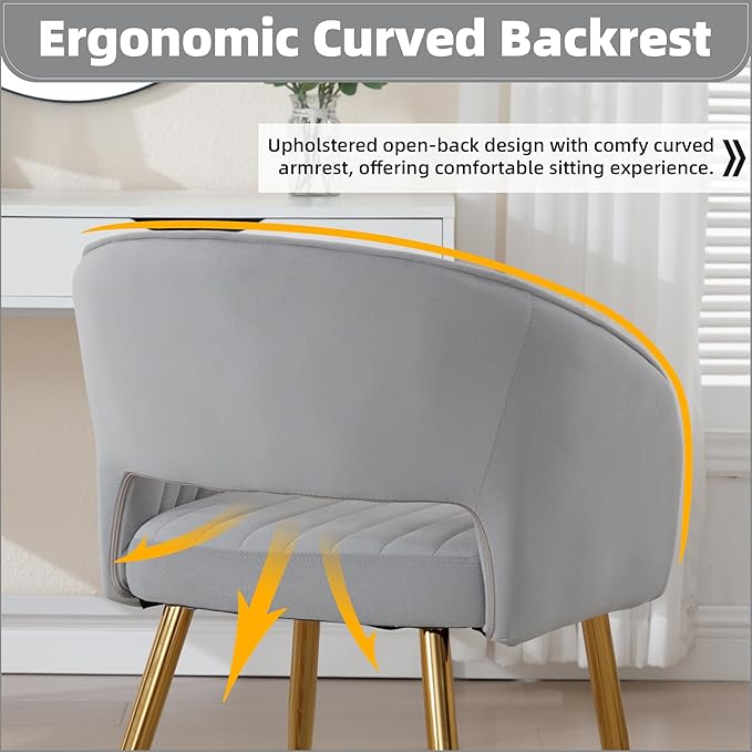 ABET Desk Chair with No Wheels, Velvet Home Office Armchair Gold Legs, Upholstered Modern Accent Chairs, Side Chair for Living Room Bedroom Vanity, Grey