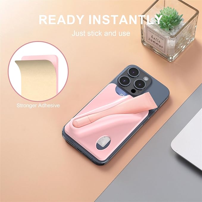 DOB SECHS Silicone Lip Holder with Card Holder Compatible with Lipstick Lip Glaze Phone Case Back Stick On Holder for iPhone and Android Smartphones （Pink, Small）