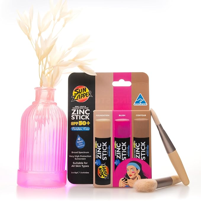 Sun Zapper Zinc Sunscreen Stick Beauty 3-Pack SPF 50+ (Light, Dark, Pink) – Tinted Mineral Sunscreen for Face, Makeup SPF Blush Stick, Water Resistant, Travel Size 12g (0.42 oz) each, Australian Made