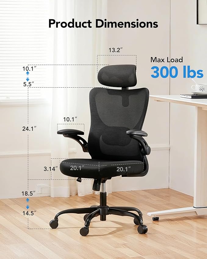 HUANUO Ergonomic Office Chair, High Back Computer Desk Chair with Adjustable Lumbar Support and Headrest, Comfy Gaming Chair with 3D Armrests, Home Office Rolling Chair, Max Load 300 lbs