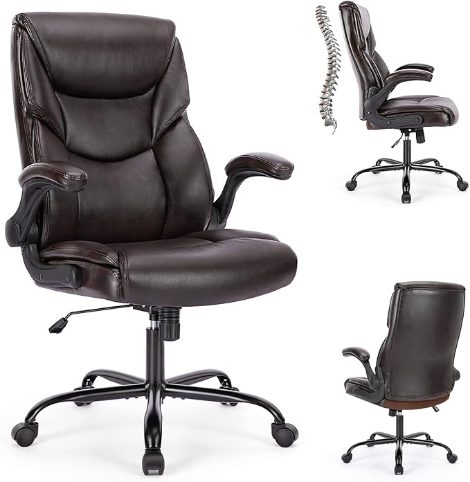 DUMOS PU Leather Office Chair - Ergonomic Executive Computer Desk Chairs with Adjustable Flip-up Armrest, Swivel Task Chair with Lumbar Support, Strong Metal Base,Dark Brown