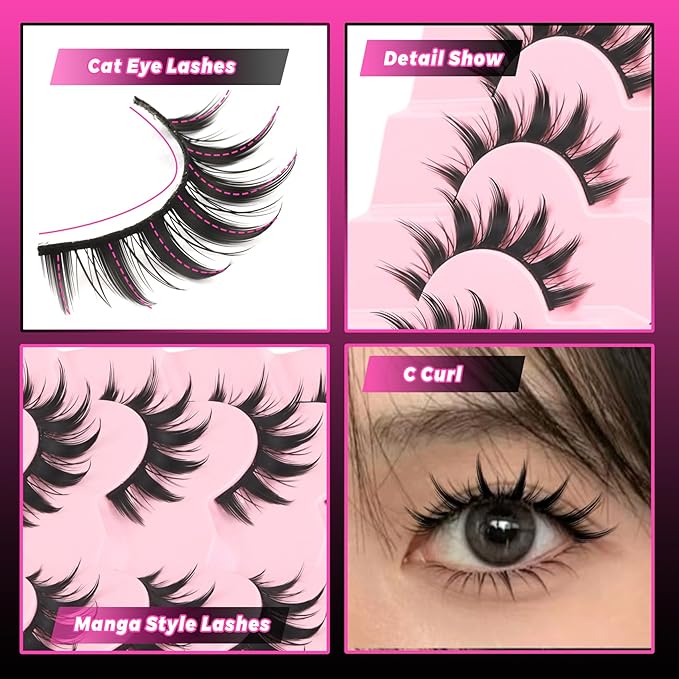 Veleasha Lashes Manga Eyelashes Spiky Eye Lashes Anime Lash 8D Doll Lash Natural Look Soft Wispy Fake Eyelashes with Lash Glue & Tweezers 7 Pairs (Cutes Kit)