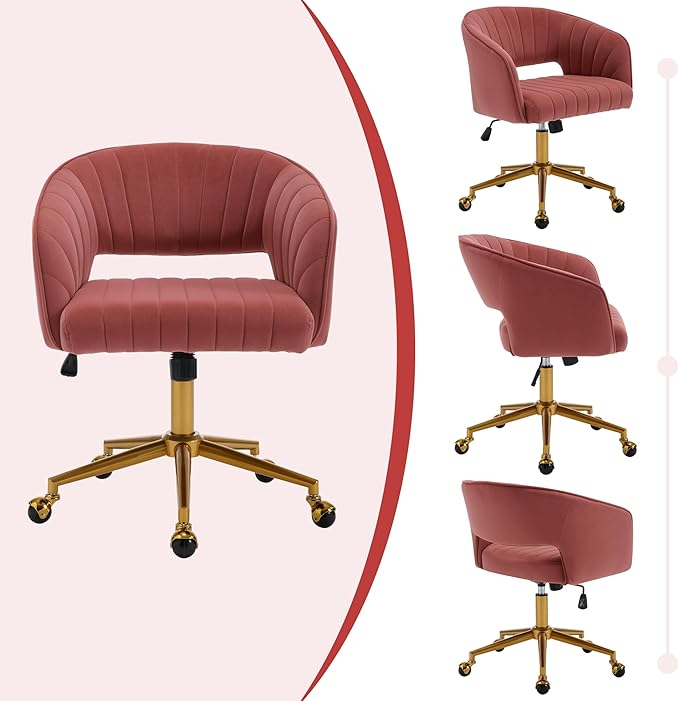 Westice Home Office Desk Chairs, Modern Velvet Desk Chair, Height Adjustable Swivel Vanity Chair with Golden Base, Ergonomic Chair for Vanity Study, Living Room Computer Room, Bean Paste Red