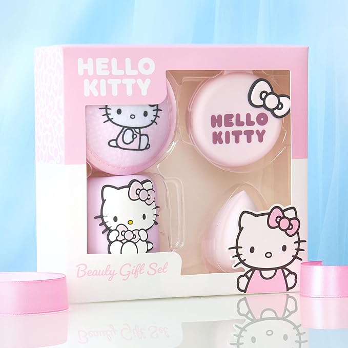 Hello Kitty Beauty Accessories Set for Women Teens, Folding Hair Brush with Mirror, Makeup Sponge Holder, Makeup Remover Pads, Kawaii Gifts for Women, Wife, Girlfriend
