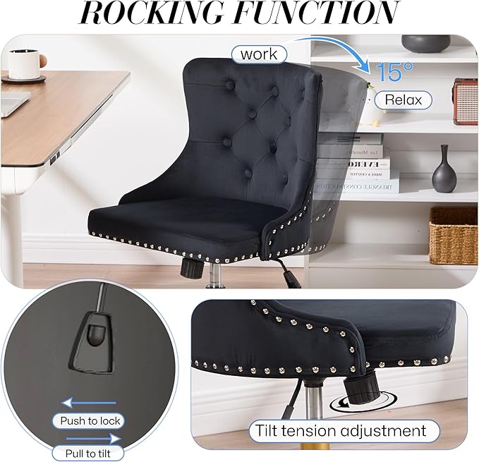 Velvet Armless Home Office Desk Chair, Swivel Height-Adjustable Small Cute Vanity Chair for Women/Girls, Comfy Makeup Chair with Rivet and Gold Base for Living Room, Bedroom(Black)