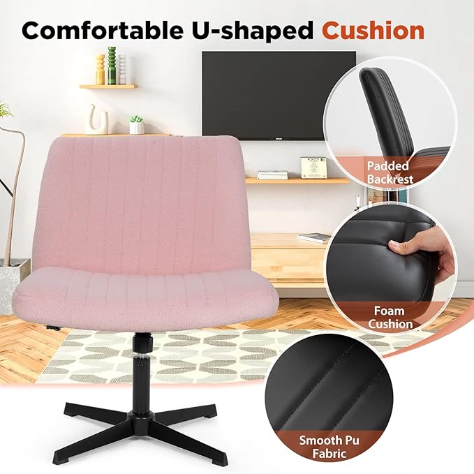 PayLessHere | Criss Cross Chair | Pink | Wide, Armless Desk Chair Without Wheels | 360 Swivel, Height Adjustable & Stable Metal Base | for Office, Home Office, Vanity Seating