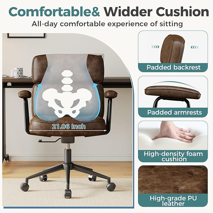OLIXIS Ergonomic Home Office Desk Chair, Computer Chair with Lumbar Support Adjustable Height Rolling Swivel Executive Task Armrests Chair, Modern Brown