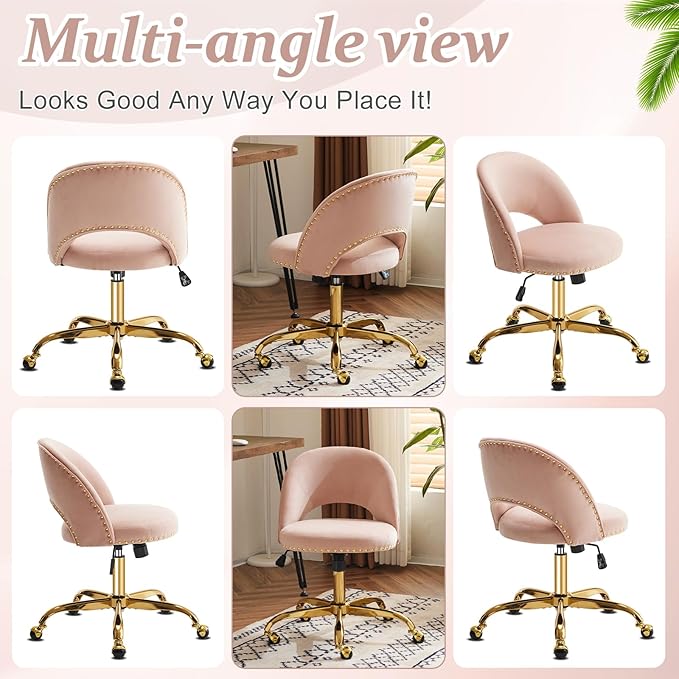 VINGLI Modern Velvet Small Office Chair,Cute Desk Chair with Wheels,Gold Base/Studs, Comfy Armless Swivel Vanity Task Chair for Women/Girl/Kids, Nail Tech Chair for Bedroom,Small Space,Pink