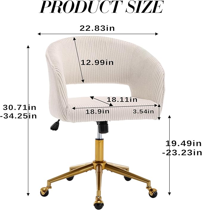 Home Office Chair Swivel Corduroy Fabric Desk Chair Accent Armchair Upholstered Modern Tufted Chairs with Gold Base for Girls Women Ergonomic Study Seat Computer Task Stools for Living Room(Beige)
