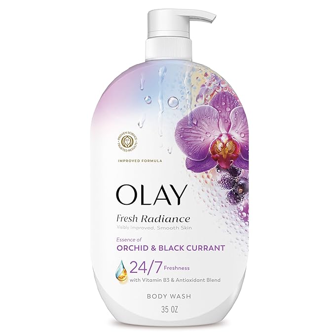 Olay Body Wash for Women, Fresh Radiance, 24/7 Skin-Loving Freshness, Visibly Radiant, Plant Based Cleansers, Vitamin B3 & Antioxidant Blend, For All Skin Types, Orchid & Black Currant Scent, 35 fl oz