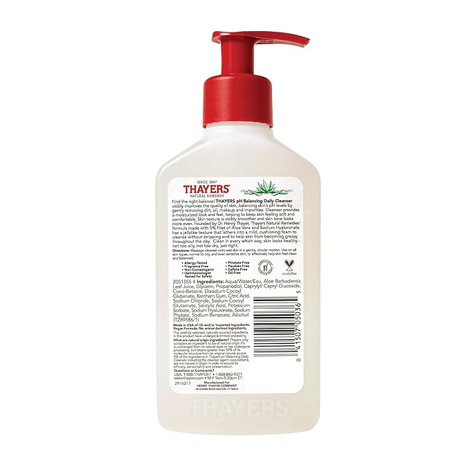 THAYERS pH Balancing Daily Cleanser,Face Wash with Aloe Vera,Gentle and Hydrating Skin Care for Dry,Oily,or Acne Prone Skin,8 FL Oz.,(Pack of 2)