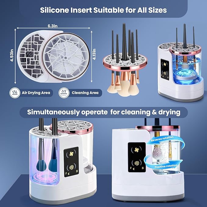 3-in-1 Electric Makeup Brush Cleaner Machine With Drying Function, Detachable Automatic Cleaner Brushes Cleaner Tool, Cosmetic Make Up Brush Machine for All Size Beauty Makeup Brush Set (White)