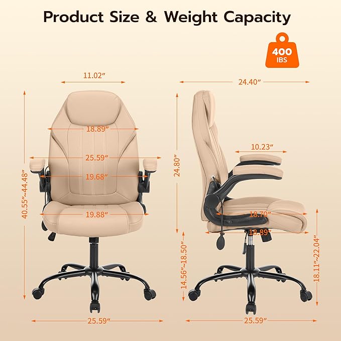 Office Desk Chair, Ergonomic Computer Chair with Padded Flip-Up Arms and Adjustable Lumbar Support, PU Leather Executive Chair with Tilt Lock and 360° Swivel Rolling Wheels for Work, Study