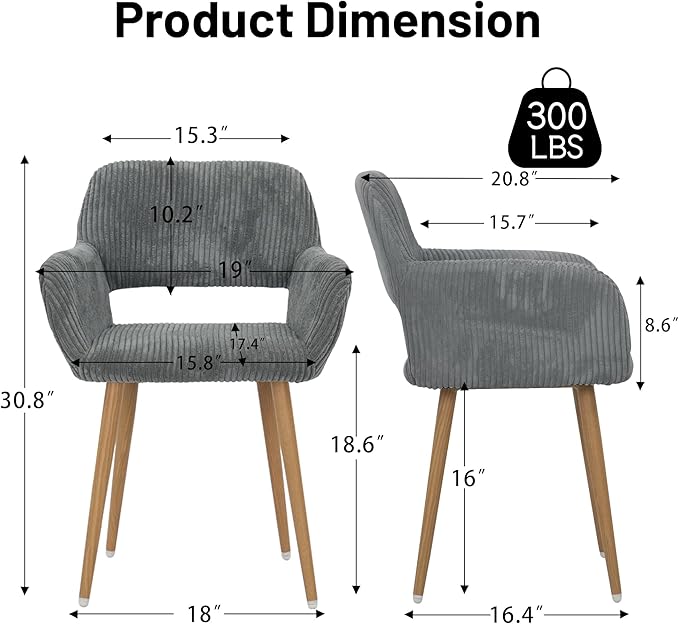 KCC Small Modern Dining Room Arm Chairs Set of 2, Mid-Century Upholstered Corduroy Fabric Side Seat Club Guest with Metal Tube Legs for Kitchen, Living Room, Gray