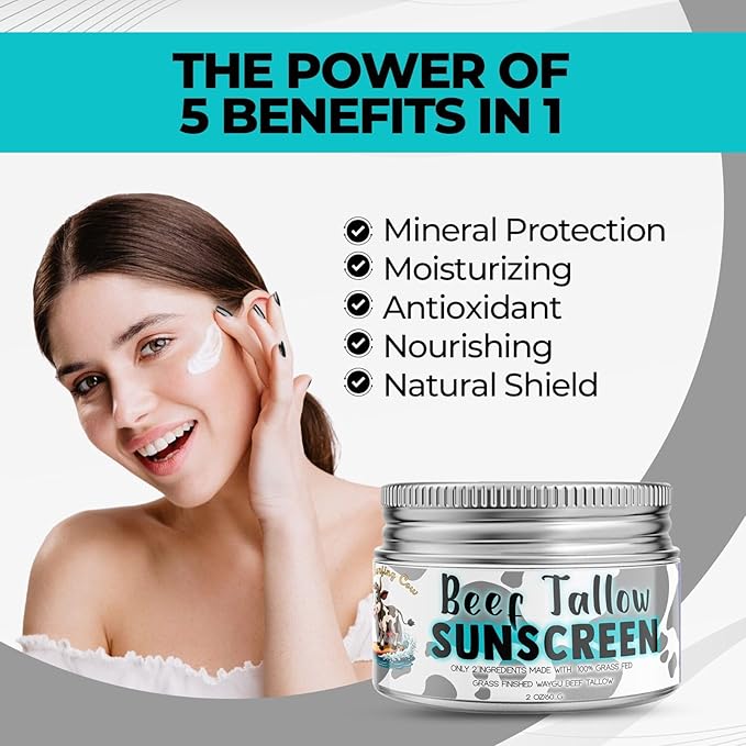 Get Wavy Organics Beef Tallow Sunscreen SPF 30 – Organic Mineral Sunblock with Zinc Oxide | Non-Greasy 2-in-1 Moisturizer & Sunscreen | Natural UV Protection for Face and Body | 2 oz