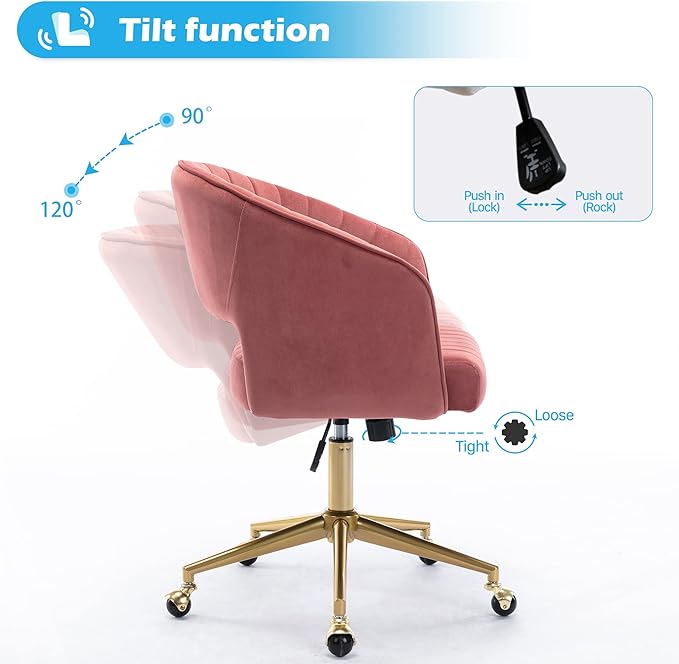 Home Office Chair Swivel Velvet Desk Chair Accent Armchair Upholstered Modern Tufted Chairs with Gold Base for Girls Women Ergonomic Study Seat Computer Task Stools for Living Room(Rose)