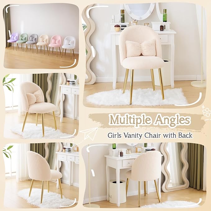 VINGLI Boucle Girls Vanity Chair with Back & Pillow,Cute Small Cozy Desk Chair No Wheels,Comfy Makeup Ch with Ajustable Gold Legs,for Bedroom,Living Room,Small Space,Khaki