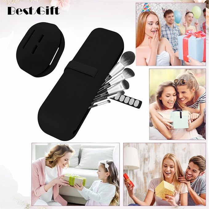 Silicone Makeup Brush Holder Travel Case No Odor Nylon Strap Closure | Water-Resistant Brush Organizer for Travel Makeup Brushes Storage-Black