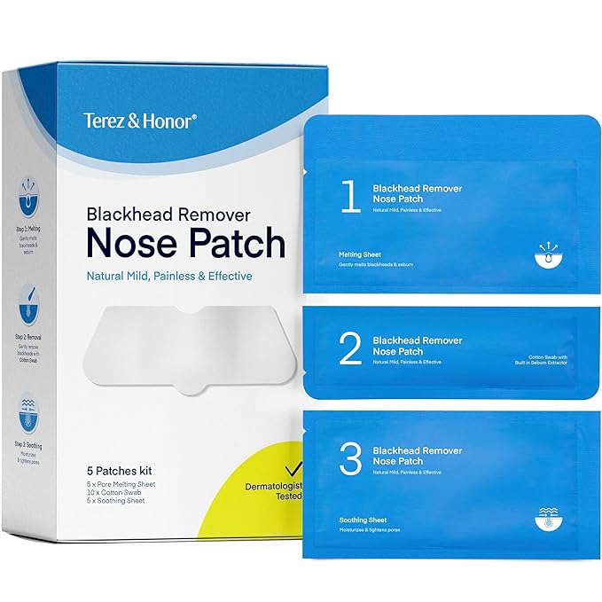 TEREZ & HONOR Blackhead Remover Nose Pore Patches: Korean SkinCare Patented Formula, Targets Pores Pimples in 3 Steps - Natural, Mild Painless, Effective, Dermatologist Tested - 5 Pcs