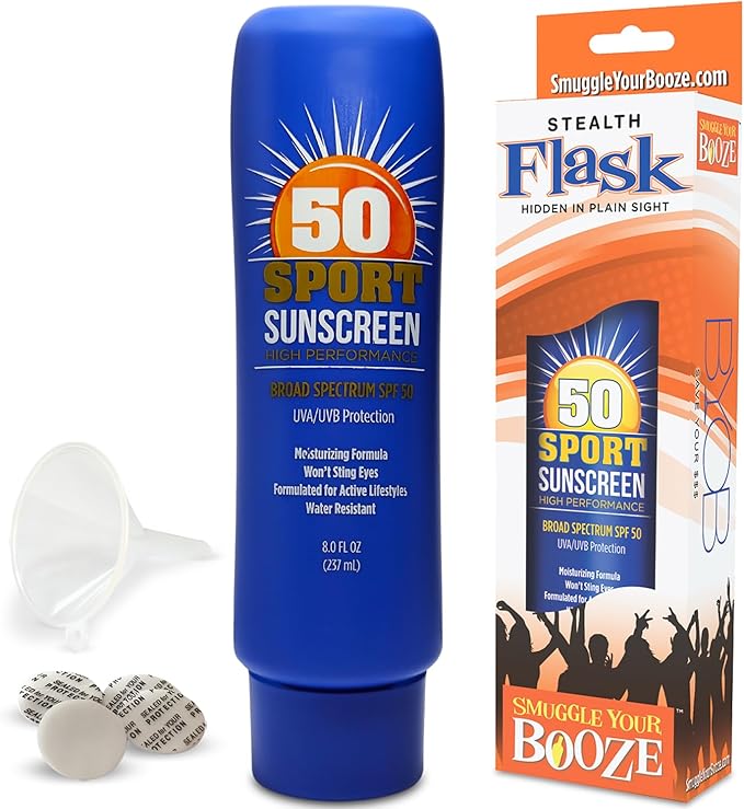 Hidden SPF50 Sunscreen Lotion Flasks 2 Pack by Smuggle Your Booze - 5 Tamper-Proof Seals | Discreet Plastic Flask for Liquor Disguise for Cruises, Travel, Concerts, Festivals | 10 oz Each |