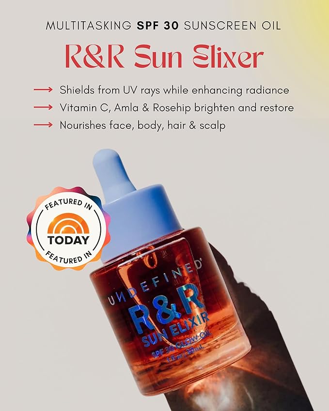 Undefined R&R Sun Elixir SPF 30 – Multitasking Glow Oil with Vitamin C, Water-Resistant Sunscreen, Rose & Vanilla Scent to brighten and protect face, body, hair from UV damage