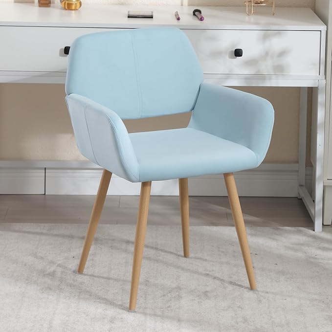 Home Office Velvet Desk Chair, Makeup Vanity Chair, Comfy Accent Armchair with Wood Grain Metal Legs, Cute Dining with Hollowed Back, Light Blue
