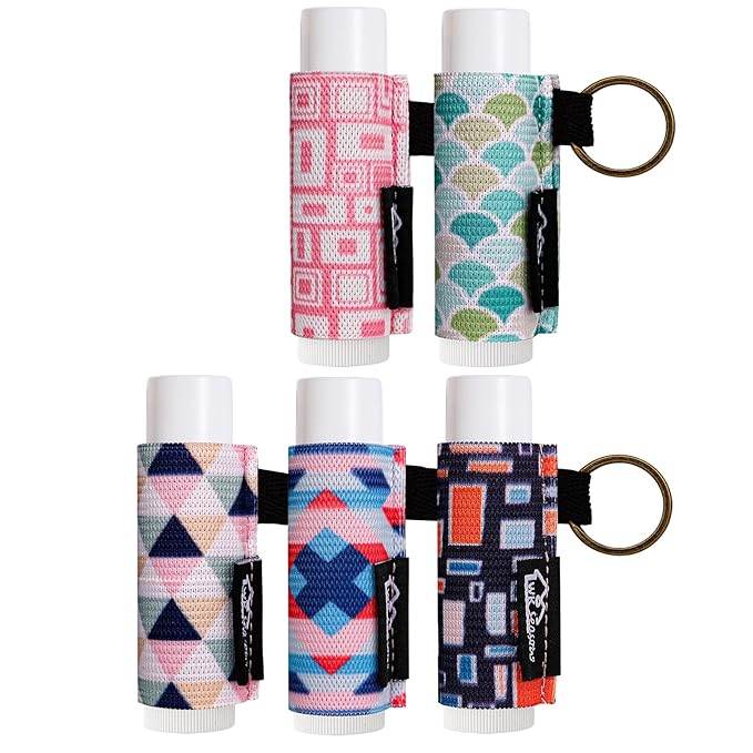 WK IEASON Lip Balm Holder for LANEIGE, Summer Fridays, Small Christmas Gifts Stocking Stuffers for Teen Girls, Keychain Clip On Lipstick Sleeve Lip Balm Sleeve Holder Keychain 5PCS(Geometric Combos)