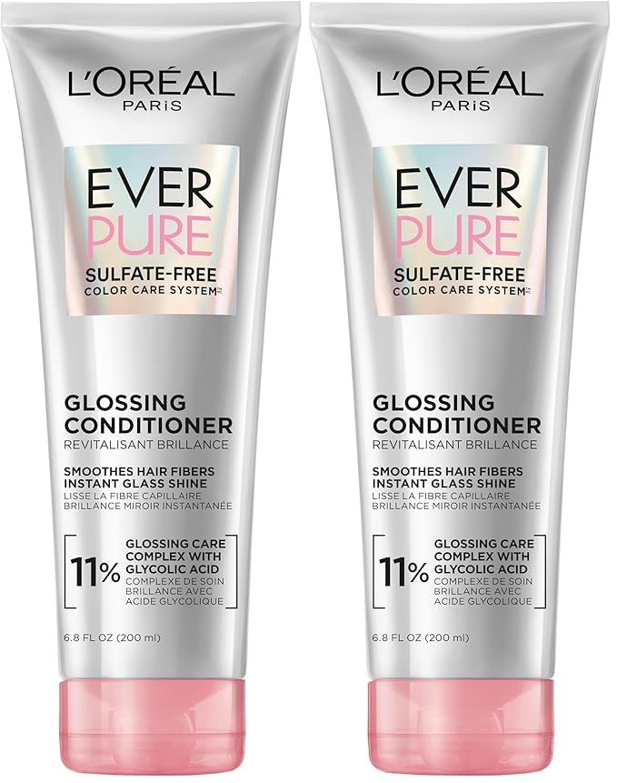 L'Oreal Paris Glossing Sulfate Free Conditioner with Glycolic Acid,Hair Care for Lasting Shine and Smoothness for Dull,Dry Hair,EverPure,6.8 Fl Oz,(Pack of 2)
