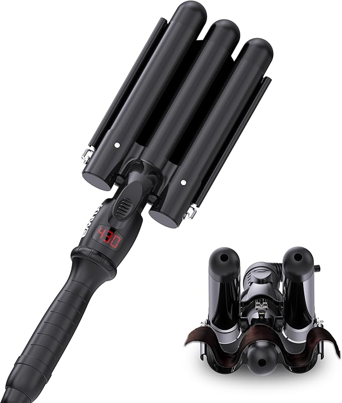 kuwa Crimper Hair Tool,15 Variable Temperature Beach Waves Curling Iron,3 Barrel Curling Iron,Hair Crimper for Women,HairWaver with LCD Temperature Display