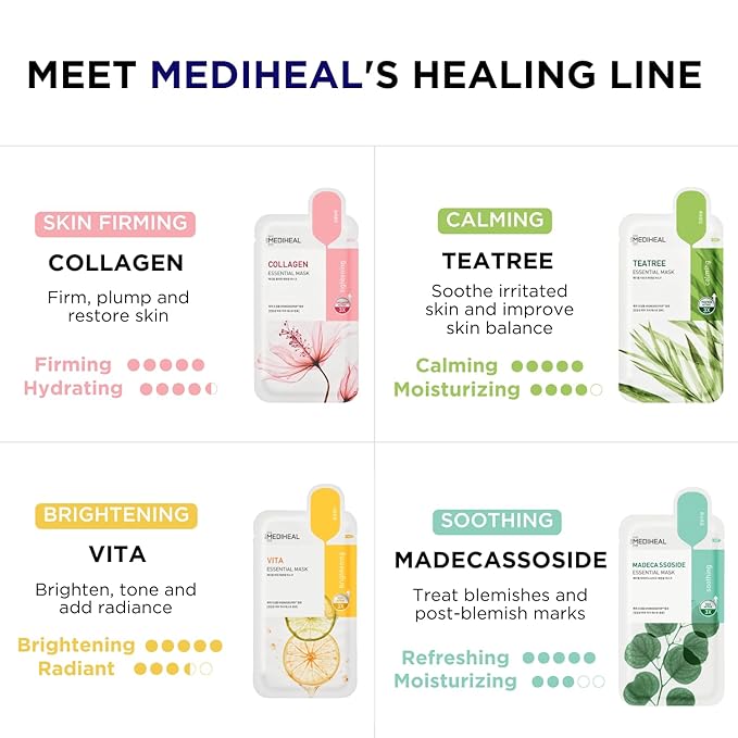 Mediheal Sheet Mask New Essential HERO 32 pack (Collagen, Tea Tree, Madecassoside, Vita) | Korean Skincare Facial Sheet Mask Combo Kbeauty Korean Glass Skin