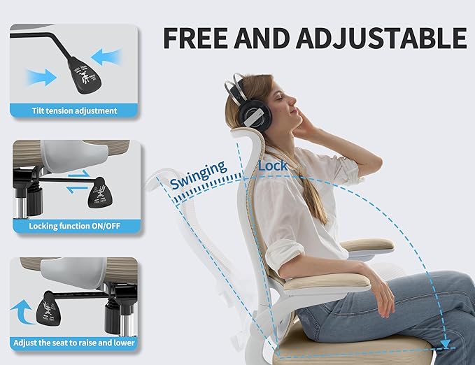 TRALT Ergonomic Office Chair - Desk Chair with Wave High Back Adjustable Lumbar Support Computer Chair - Gaming Chairs Mesh Backrest and PU Leather Seat for Home Reading Chairs to Adults(Beige)