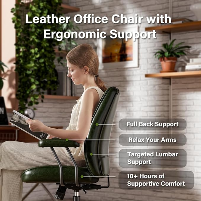 Green Leather Office Desk Chair with Quiet Rubber Wheels, Height Adjustable, Padded Arms, Vintage Mid Century Office Chair, Retro Style Desk Chair