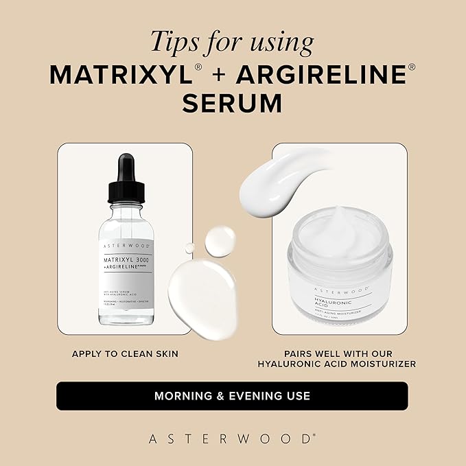 Asterwood Matrixyl 3000 + Argireline Serum with Hyaluronic Acid - Anti-Aging, Wrinkle Reducing, Collagen Boosting - Fragrance-Free - 2 Fl Oz
