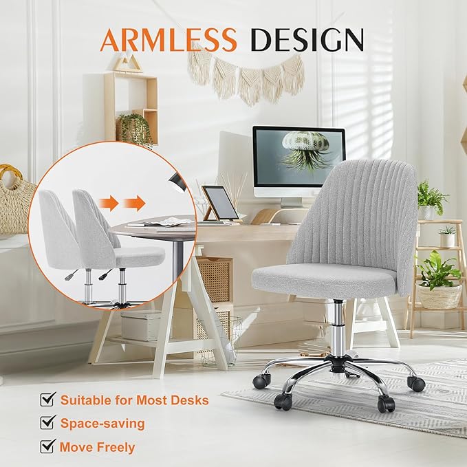 Sweetcrispy Armless Vanity Chair, Cute Comfy Home Office Desk Chair with Wheels, Modern Upholstered Task Computer Seat for Bedroom, Study, Makeup Vanity, Height Adjustable & Swivel, Classic Gray