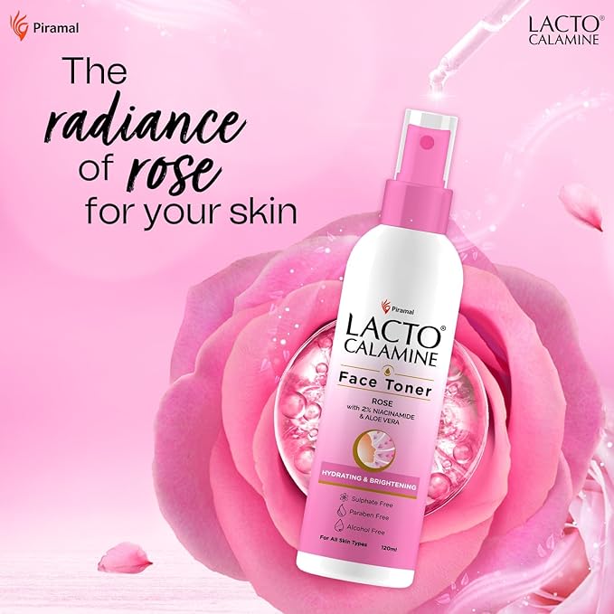 Lact'o Calamin'e Rose Water Toner for Glowing Skin | 120ml | Gulab Jal Face Toner | Rosewater with Aloe Vera & 2% Niacinamide | Moisturises Skin | No Sulphate, Alcohol, & Parabens